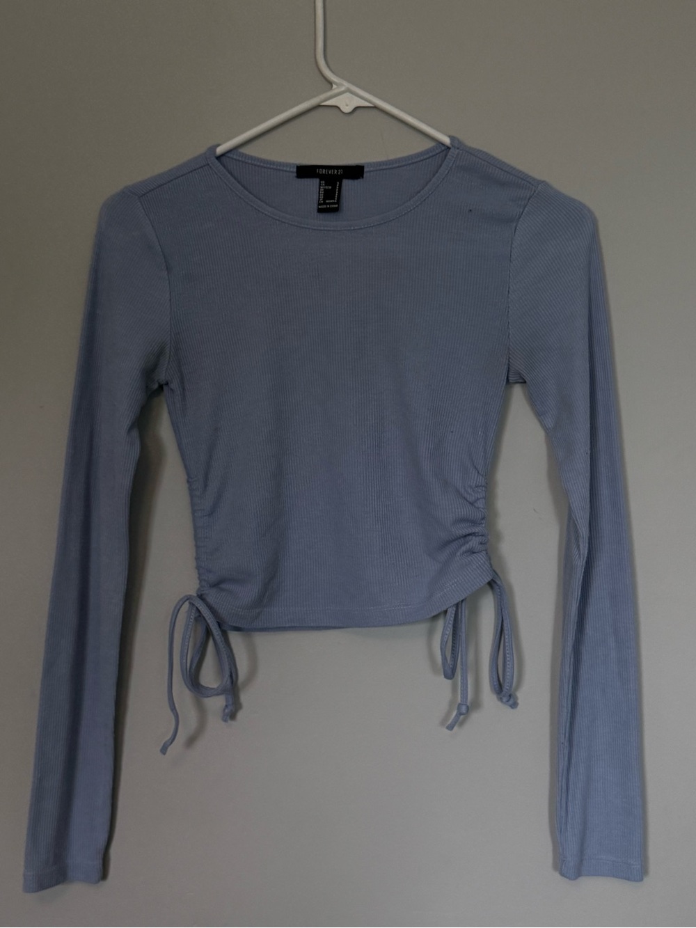 Forever 21 Pale Blue Ribbed Long Sleeve Cinch-Side Crop Top
